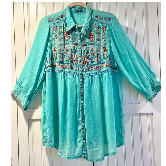 Gorgeous Johnny Was Floral Embroidered Blouse ~ Tiffany Blue ~ Boho Chic - Picture 4 of 14